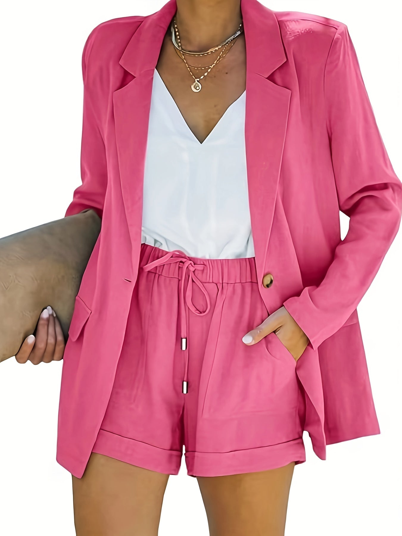 Women's Business Suits Long Sleeve Blazer Jacket Coat And High Waisted Shorts 2 Pieces Outfits Set