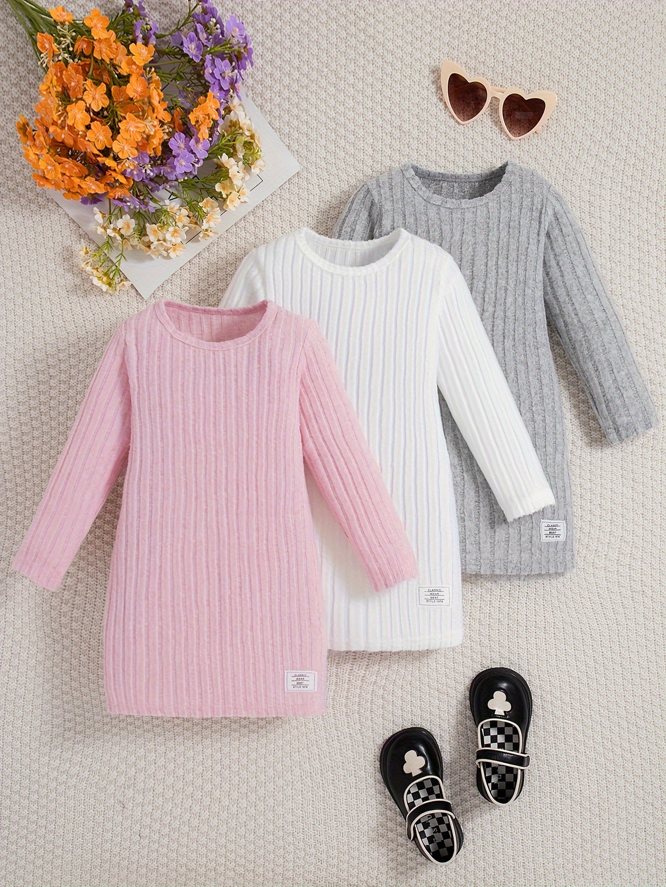 3pcs Solid Ribbed Knit Comfy Dress Set for Girls, Elegant Dresses for Spring Fall Gift, Outdoor Cloth