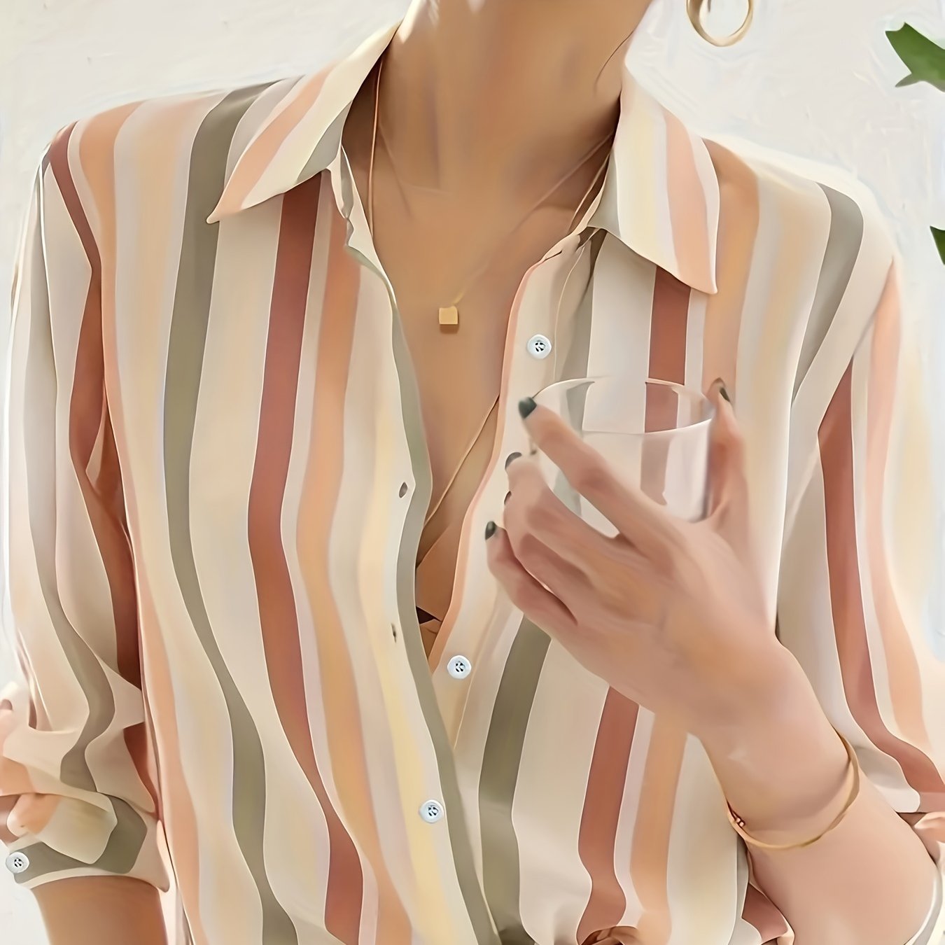 Color Block Button Front Shirt Spring And Autumn Casual Long-sleeved Shirt Women's Wear