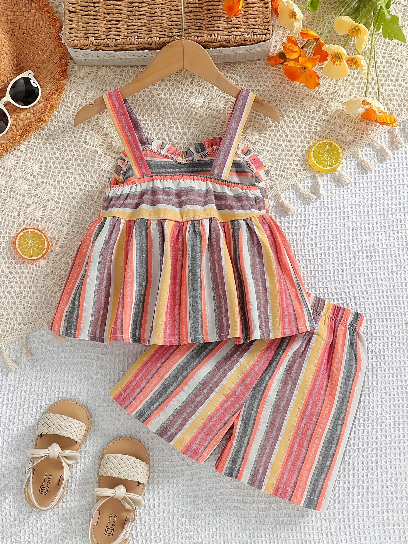 2pcs Bowknot Sweet Striped Suspender Top + Shorts for Girls Spring Summer Vacation Clothes