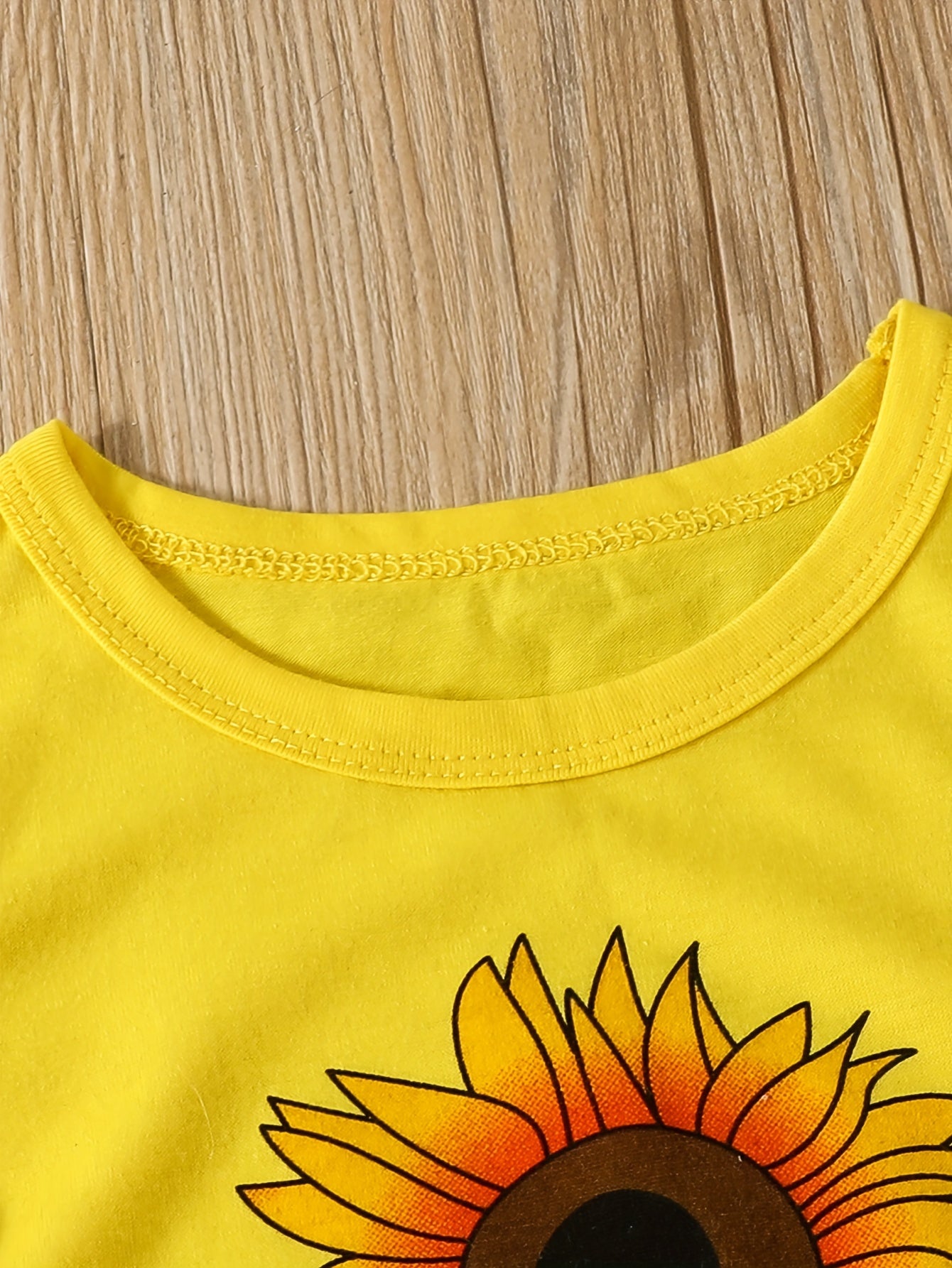 2pcs Comfy Girls Casual Short Sleeve T-shirt & Denim Shorts Set, Sunflower And Letter Graphic Print Summer Kids Outdoor Clothing