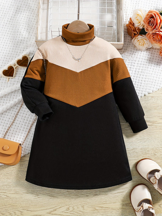 Chic Girls' Color Block Turtleneck Sweater - Soft Knit, Long Sleeve Pullover for Fall/Winter - Versatile & Warm Outerwear