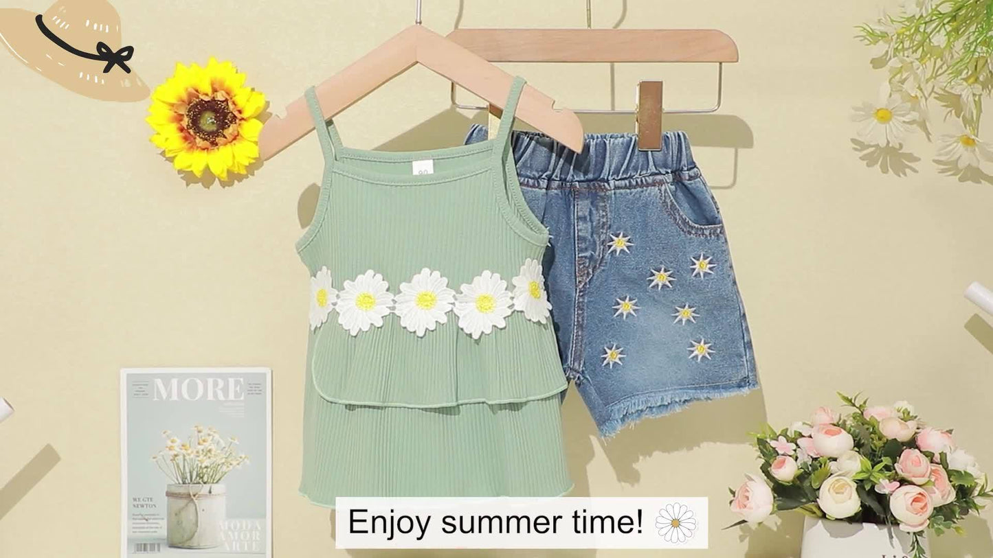 2pcs Toddler Girl's Ruffle Decor Flower Cami Top & Elastic Waist Denim Shorts Set Kid's Summer Clothes