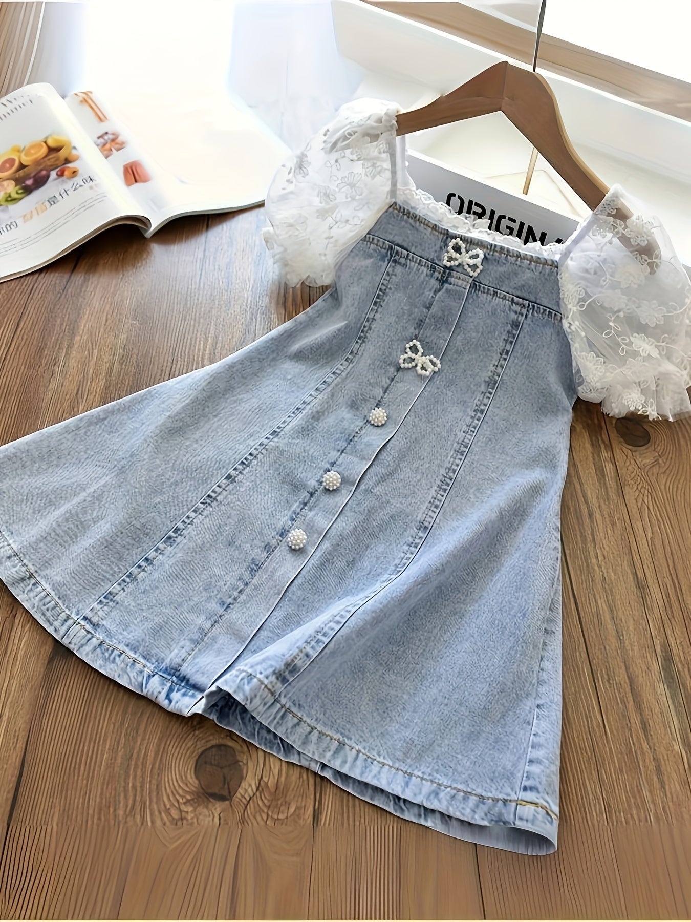 Elegant Children's Pearl Bubble Lace Sleeve Denim A-line Dress with Butterfly Details - Polyester Blend with Spandex, Slight Stretch, Summer  (Ages 12 and Under)