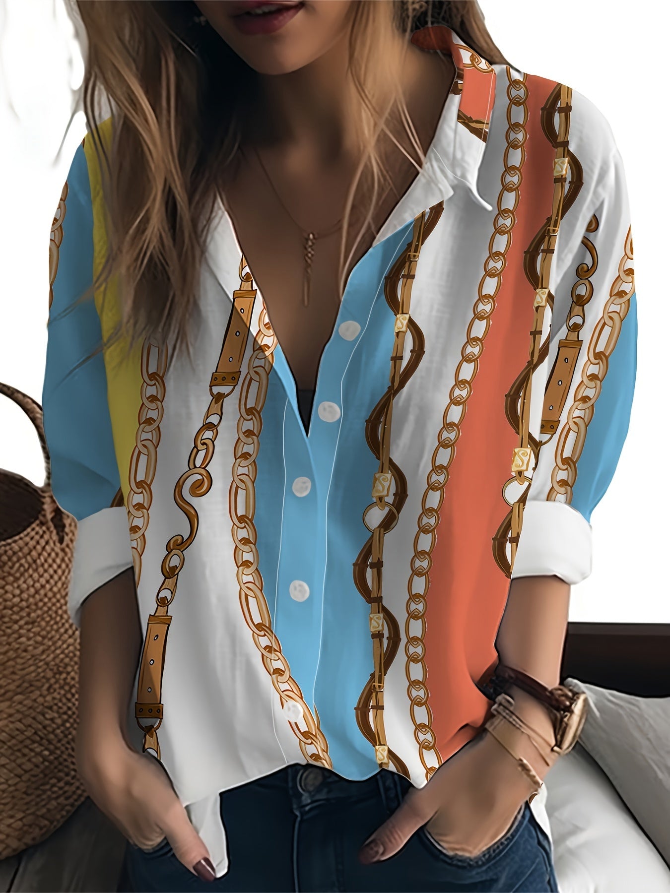 Long Sleeve Women's Blouse - Color Blocking Chain Printing, Button Front, Lapel Design - Versatile For Casual Or Office Wear