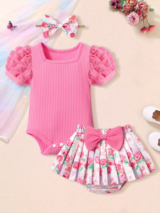 Baby Girl Clothes, Girl Summer Outfit Romper Sets Ruffle Short Sleeve Top+Shorts+ Bow Hairband 2Pcs Set