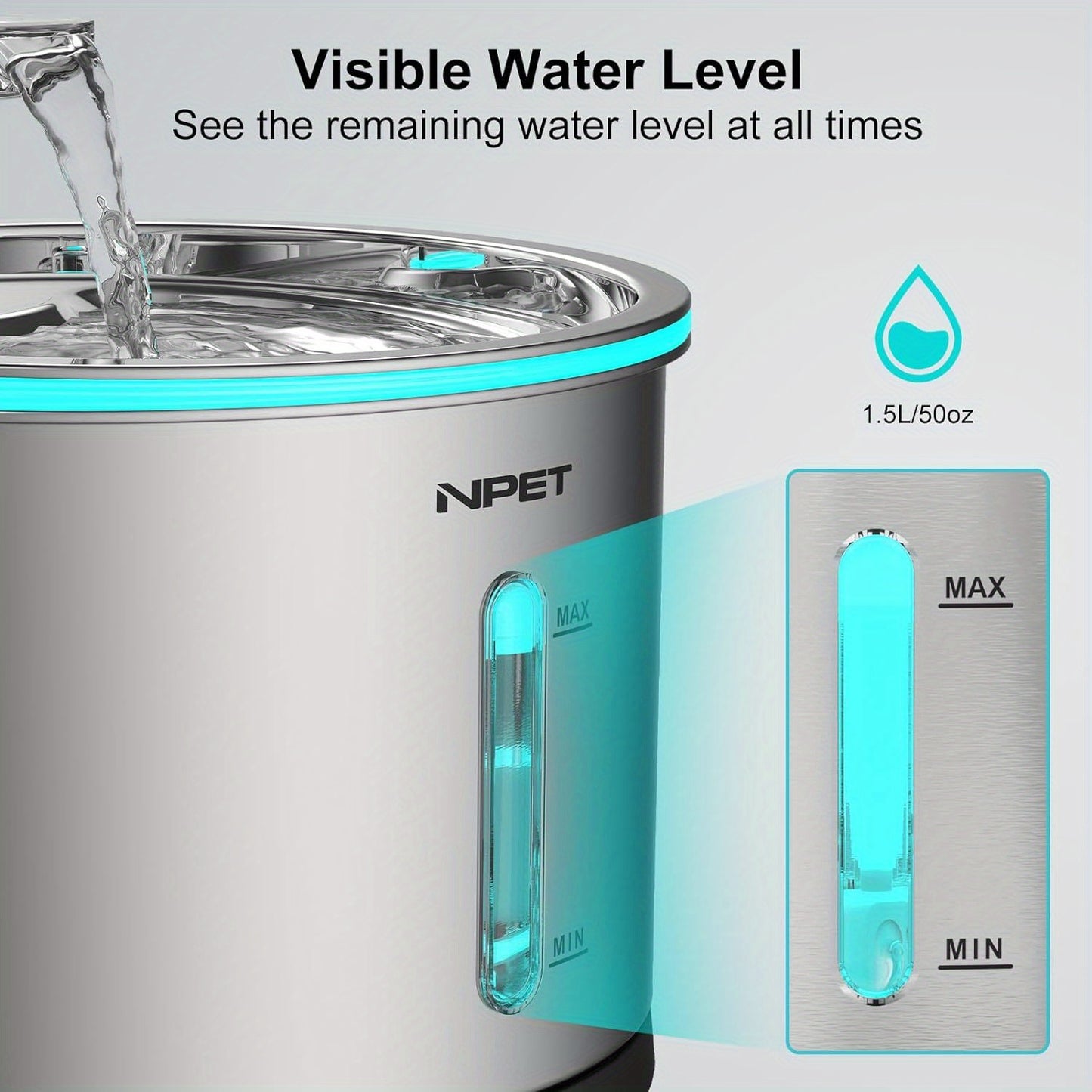 NPET WF210 Cat Water Fountain Stainless Steel, 50oz/1.5L Dishwasher Safe Pet Water Fountain with Visible Window, Ultra Quiet Automatic Cat Water Dispenser with Light for Cats Inside