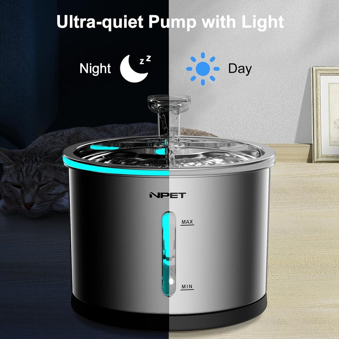 NPET WF210 Cat Water Fountain Stainless Steel, 50oz/1.5L Dishwasher Safe Pet Water Fountain with Visible Window, Ultra Quiet Automatic Cat Water Dispenser with Light for Cats Inside