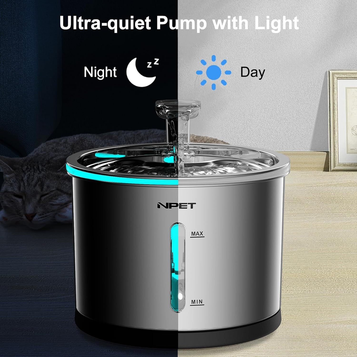 NPET WF210 Cat Water Fountain Stainless Steel, 50oz/1.5L Dishwasher Safe Pet Water Fountain with Visible Window, Ultra Quiet Automatic Cat Water Dispenser with Light for Cats Inside