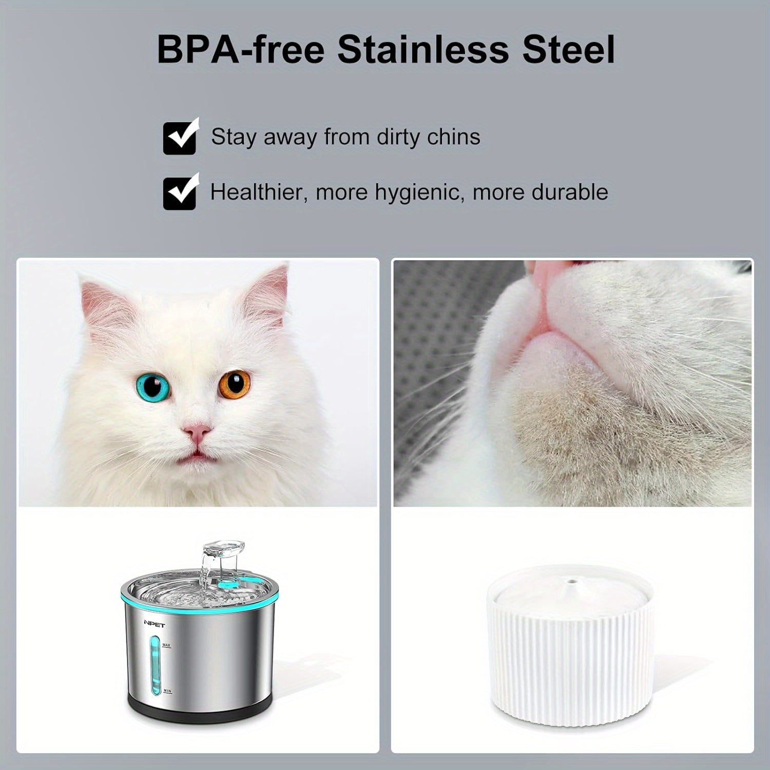 NPET WF210 Cat Water Fountain Stainless Steel, 50oz/1.5L Dishwasher Safe Pet Water Fountain with Visible Window, Ultra Quiet Automatic Cat Water Dispenser with Light for Cats Inside