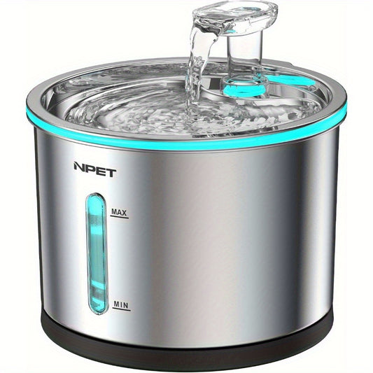 NPET WF210 Cat Water Fountain Stainless Steel, 50oz/1.5L Dishwasher Safe Pet Water Fountain with Visible Window, Ultra Quiet Automatic Cat Water Dispenser with Light for Cats Inside