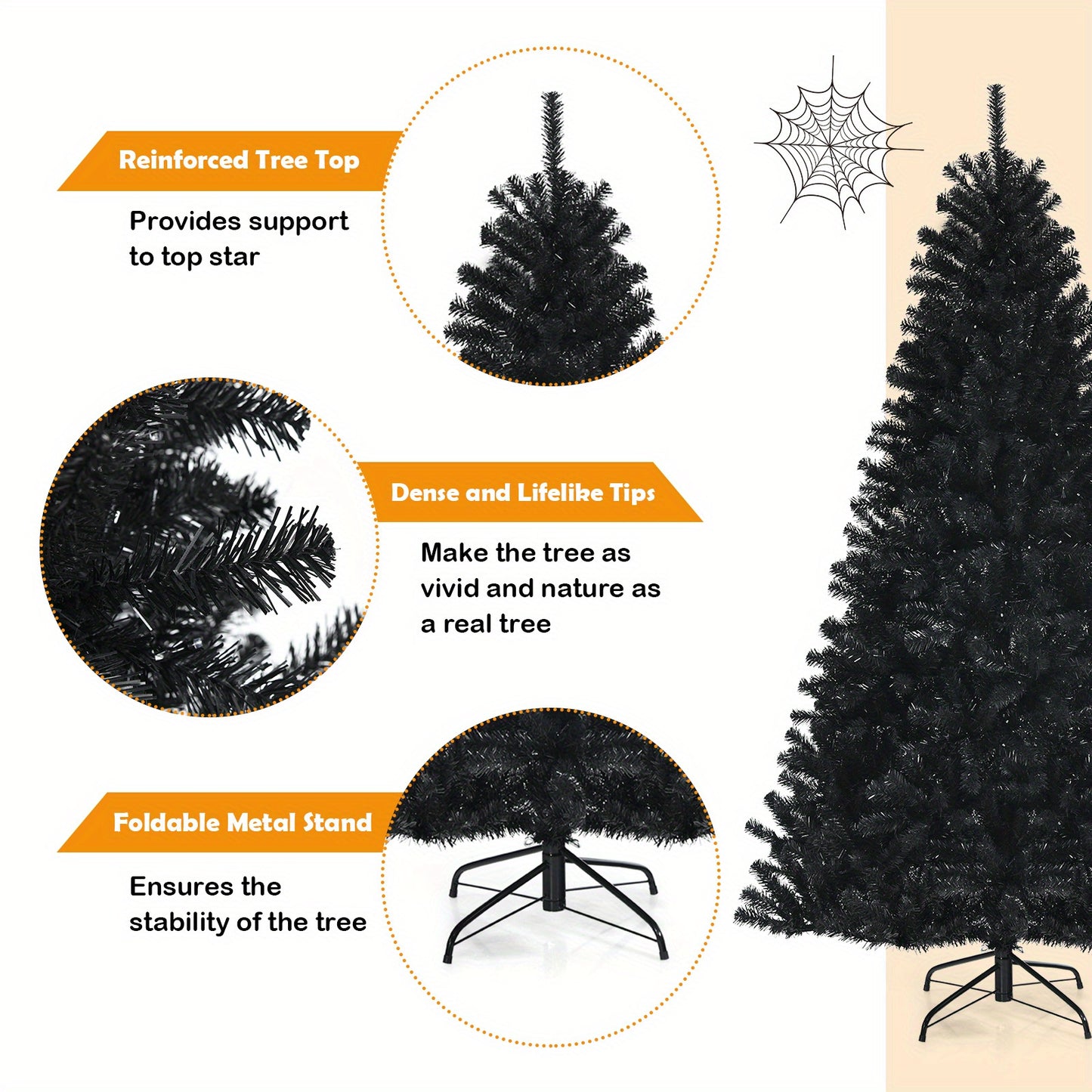 250 LED Lights 6ft Pre-lit Costway PVC Christmas Halloween Tree Black