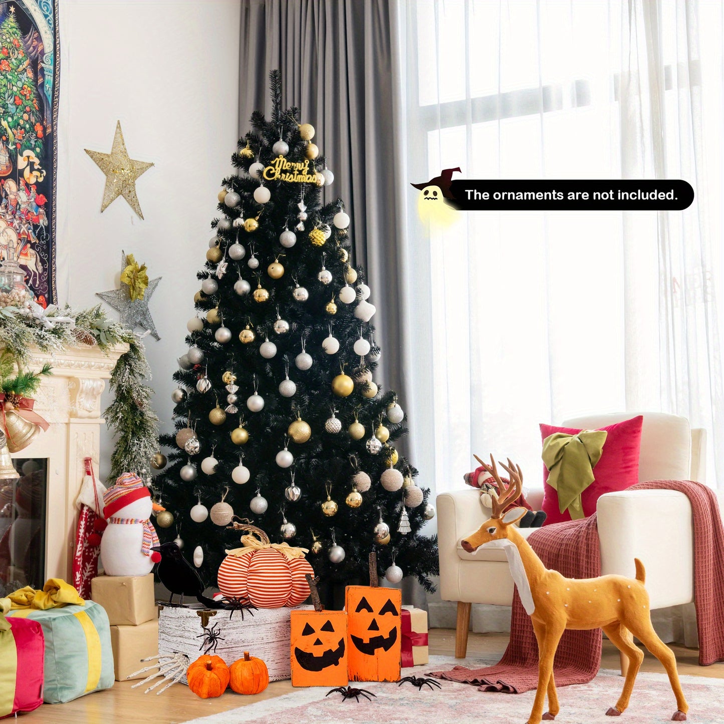 250 LED Lights 6ft Pre-lit Costway PVC Christmas Halloween Tree Black