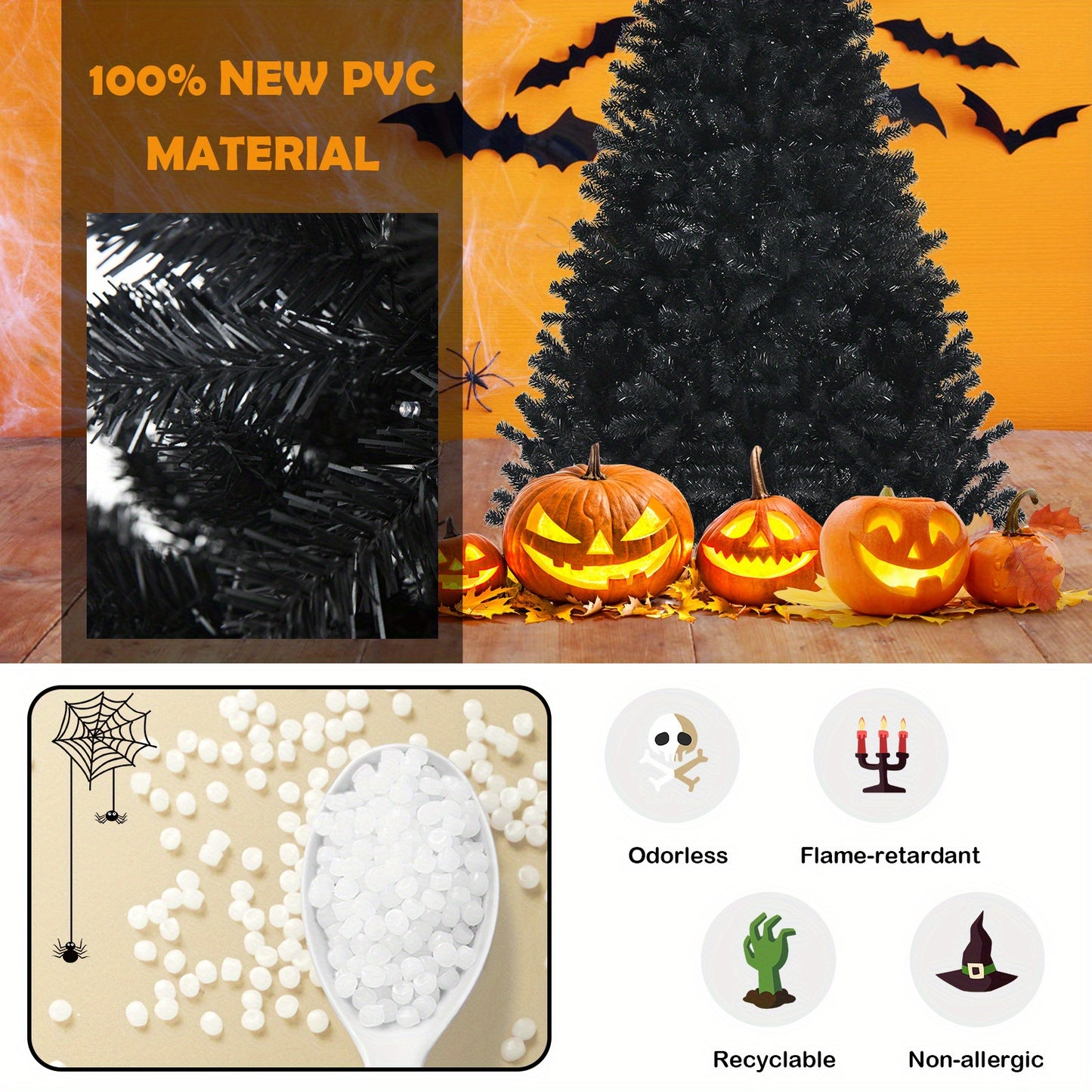 250 LED Lights 6ft Pre-lit Costway PVC Christmas Halloween Tree Black