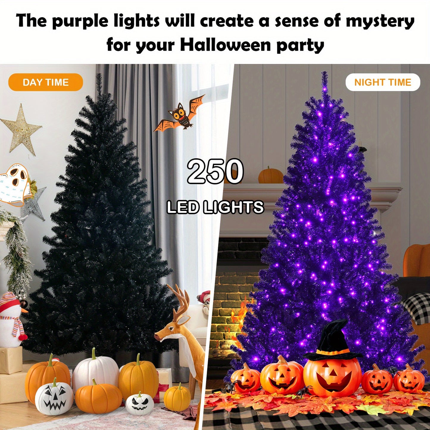 250 LED Lights 6ft Pre-lit Costway PVC Christmas Halloween Tree Black