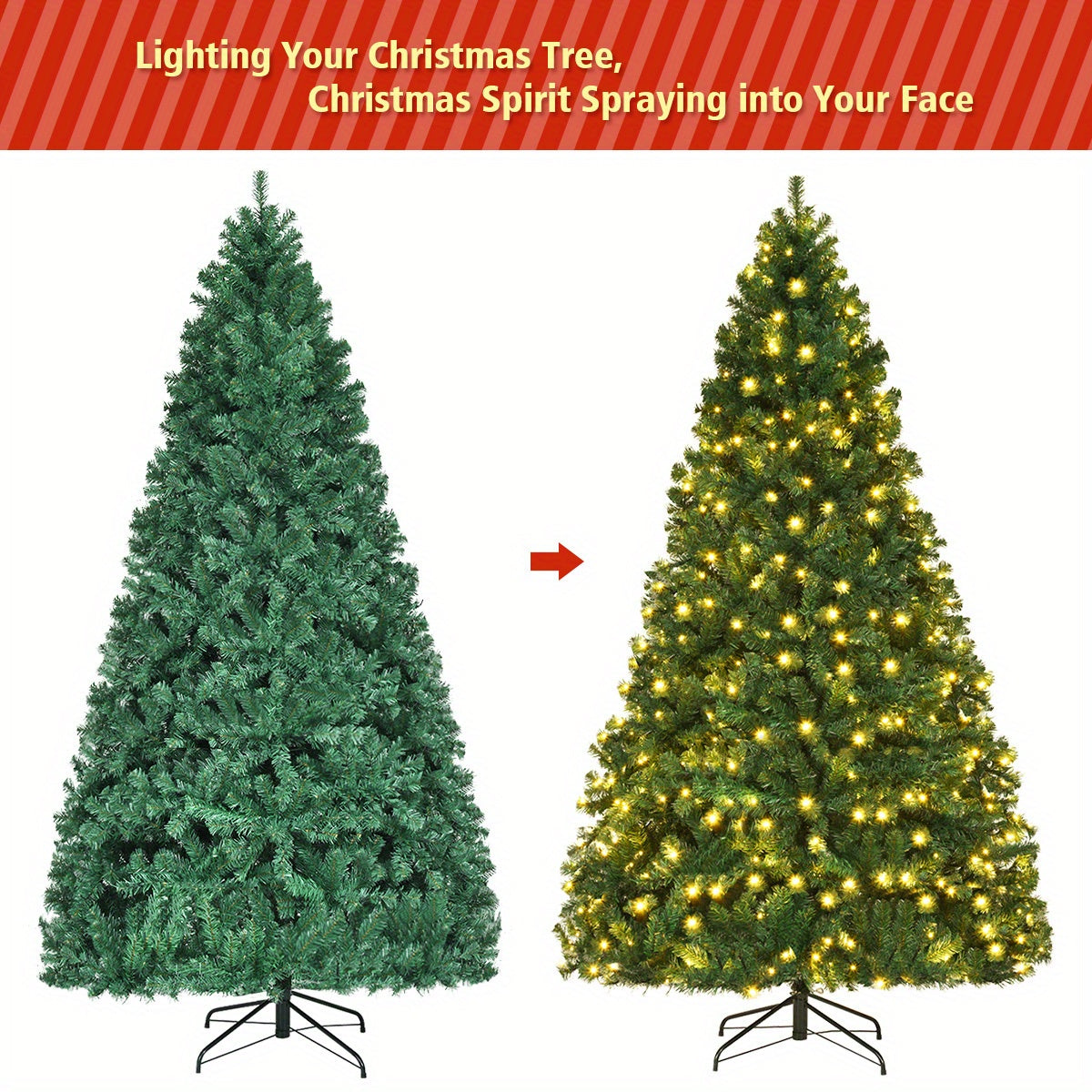 430 LED Lights 8ft Pre-Lit Hinged PVC Artificial Christmas Tree with Stand, Green, Holiday Party Decorations