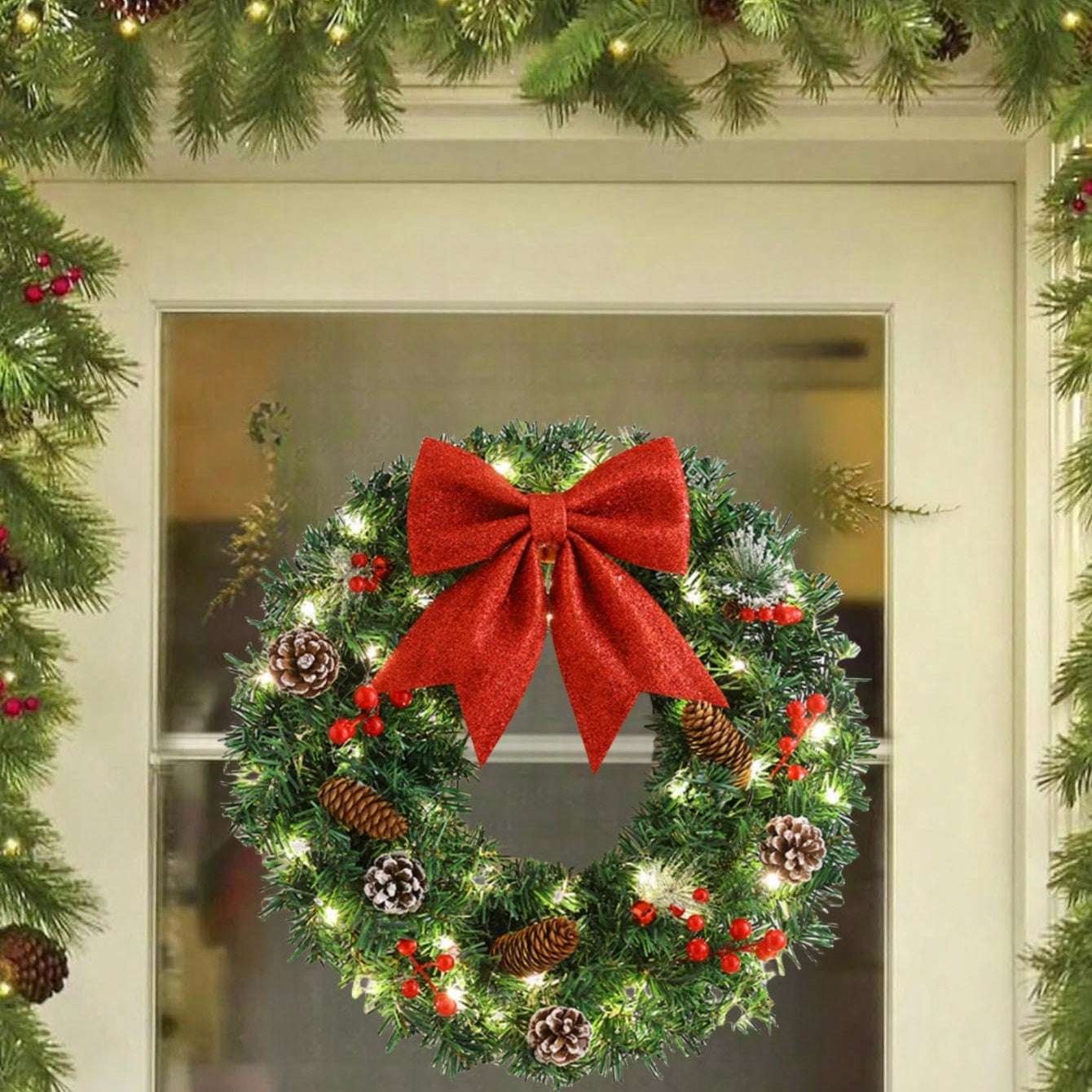 20 Inch Pre-Lit Christmas Wreath with Lights, Large Winter Wreath, Holiday Xmas Christmas Decor, Christmas Party Decoration, Door Hanging