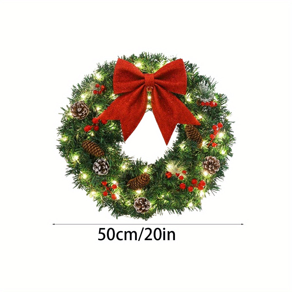 20 Inch Pre-Lit Christmas Wreath with Lights, Large Winter Wreath, Holiday Xmas Christmas Decor, Christmas Party Decoration, Door Hanging