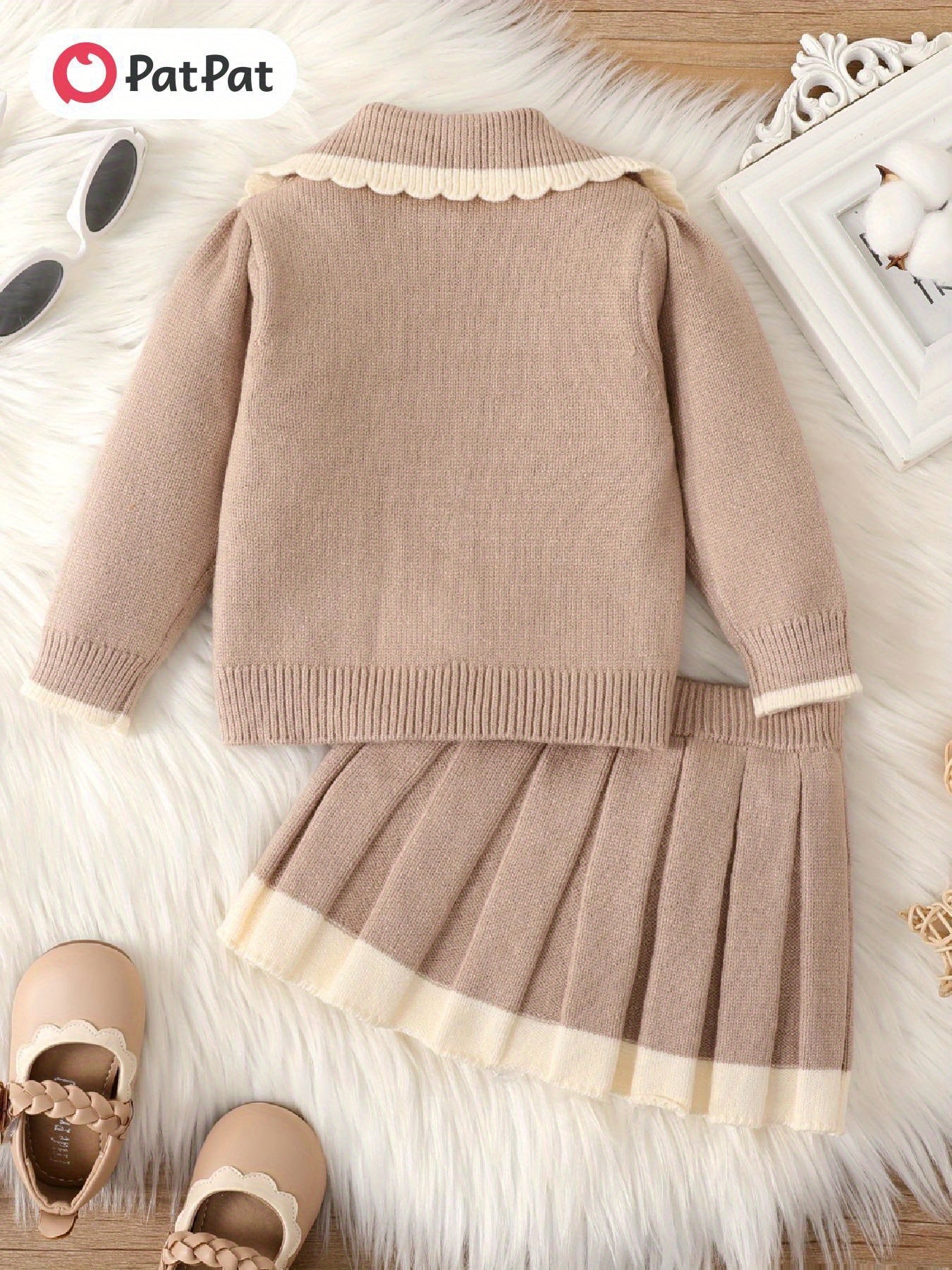 PatPat Youngsters Girl's 2pcs Set: Cozy Knit Cardigan & Pleated Skirt - Machine Washable, Perfect for Fall/Winter, Perfect for Outdoor