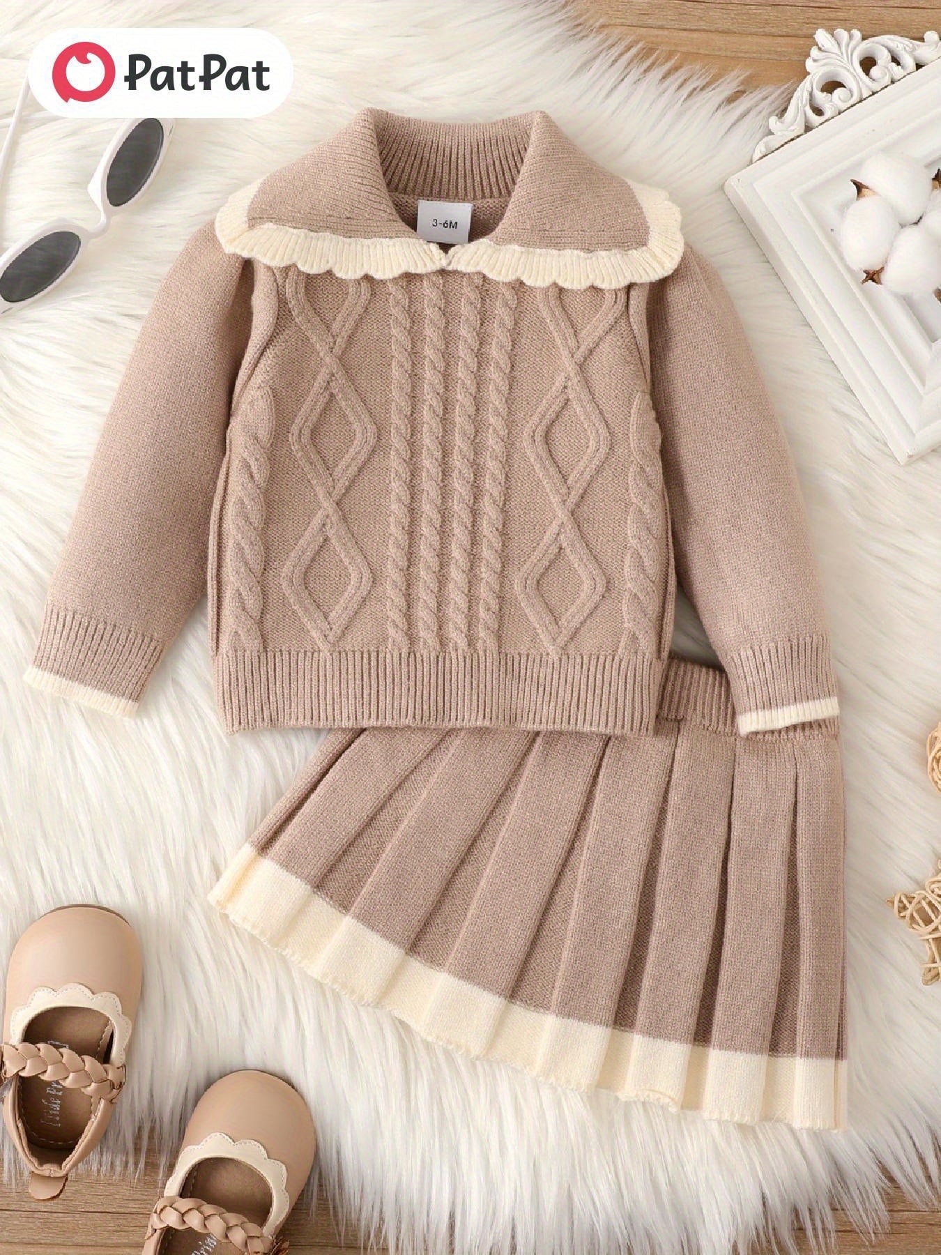 PatPat Youngsters Girl's 2pcs Set: Cozy Knit Cardigan & Pleated Skirt - Machine Washable, Perfect for Fall/Winter, Perfect for Outdoor