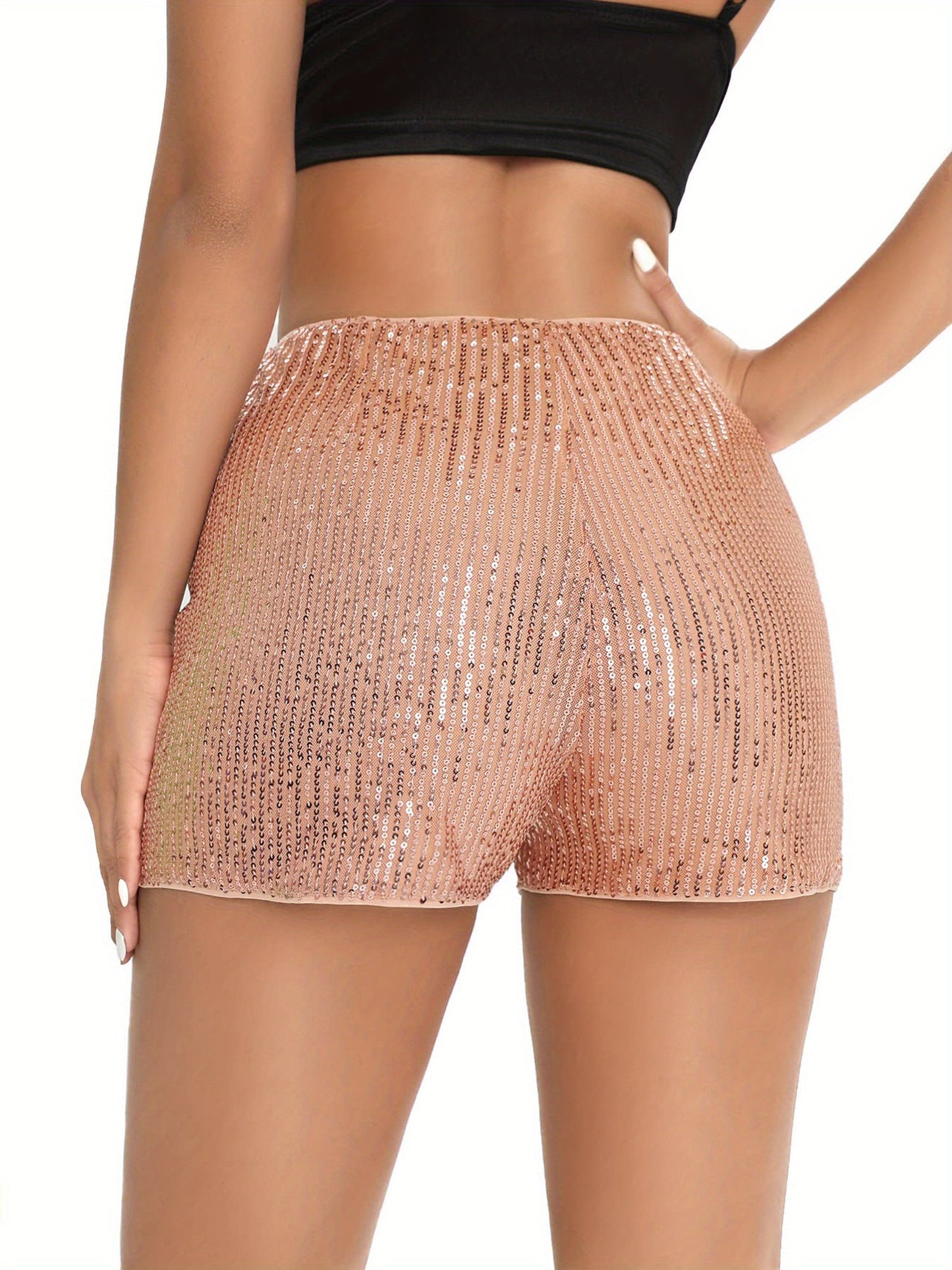 Sparkling Sequin High-Waist Shorts for Women - Elastic, Straight Leg, Glitter Party Wear, Machine Washable