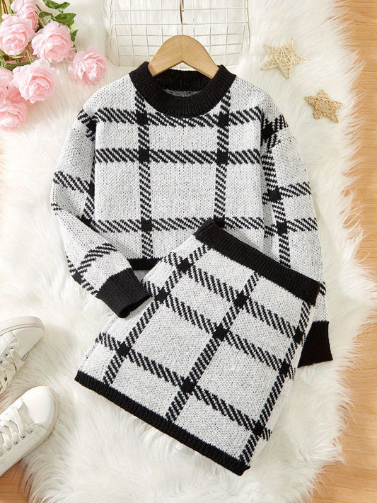 2pcs Girls’ Plaid Knit Sweater & Skirt Set – Cozy Fall/Winter Casual Outfit