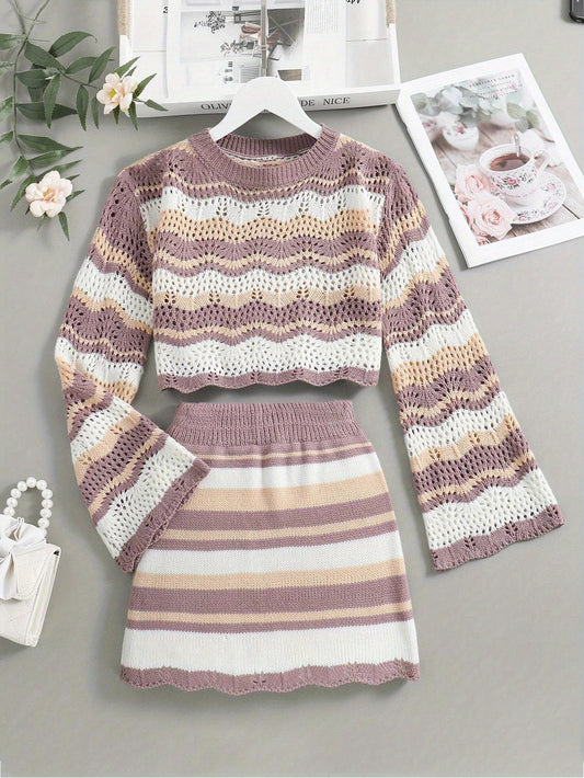 Tween Girl Knitted Gradient Striped Hollow Out Sweater + Knit Skirt 2-Piece Set For Spring And Autumn Casual Outdoor Activities