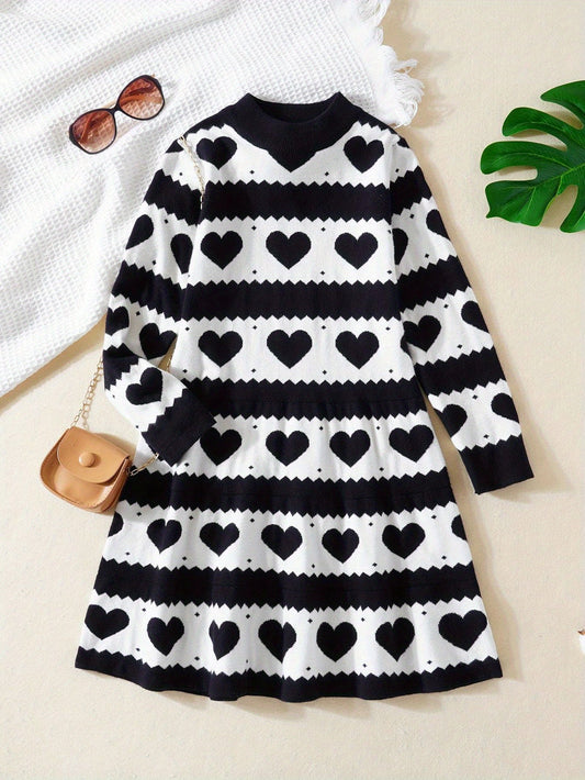 Hearts Pattern Girls Knitted Long Sleeve Pullover Sweater Dress Suitable For Winter/ Fall, 1 Pc