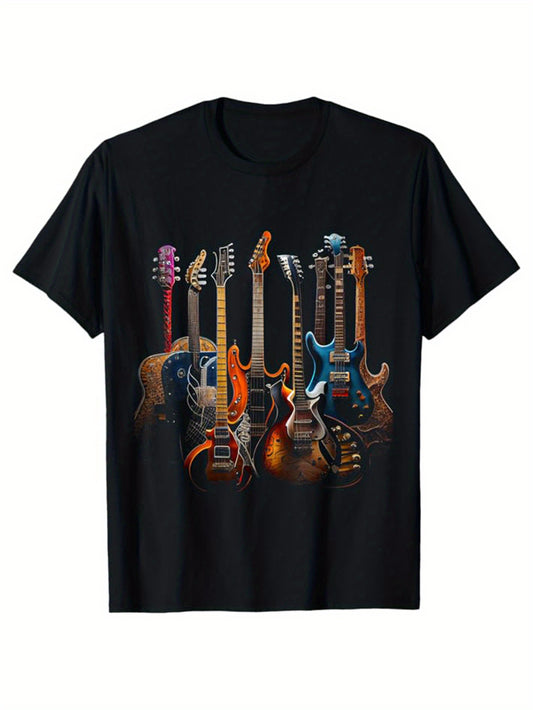 Men's Guitar Graphic Tee - Short Sleeve Crew Neck Cotton T-shirt for Outdoor Casual Wear with Comfortable Fit and Stylish Print Design