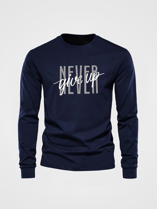 Men's Autumn/Winter Long Sleeve "Never Give Up" Letter Print Round Neck T-Shirt - Cotton Knit, Solid Color, Ribbed Hem, Adult Size