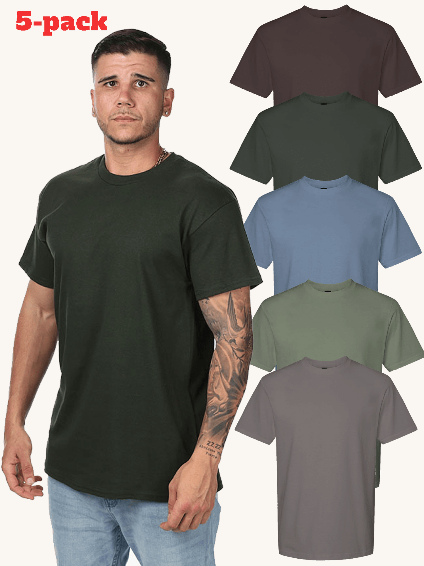 100% Cotton 5-piece Set Men's Classic Solid Color Short Sleeved T-shirt