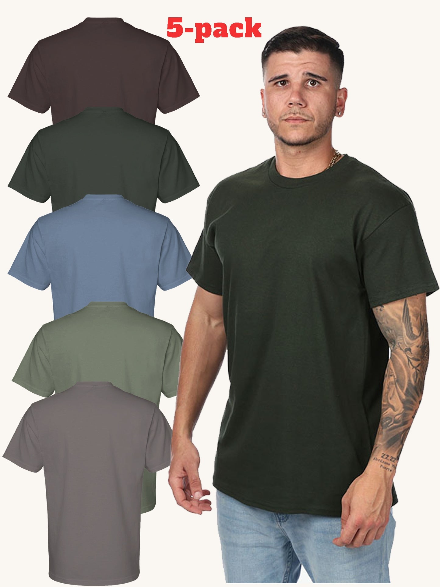 100% Cotton 5-piece Set Men's Classic Solid Color Short Sleeved T-shirt