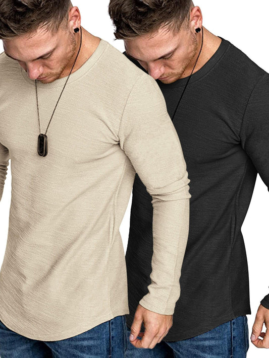 Men 2 Pack Muscle Fitted T Shirt Gym Workout Athletic Long Sleeves Tee