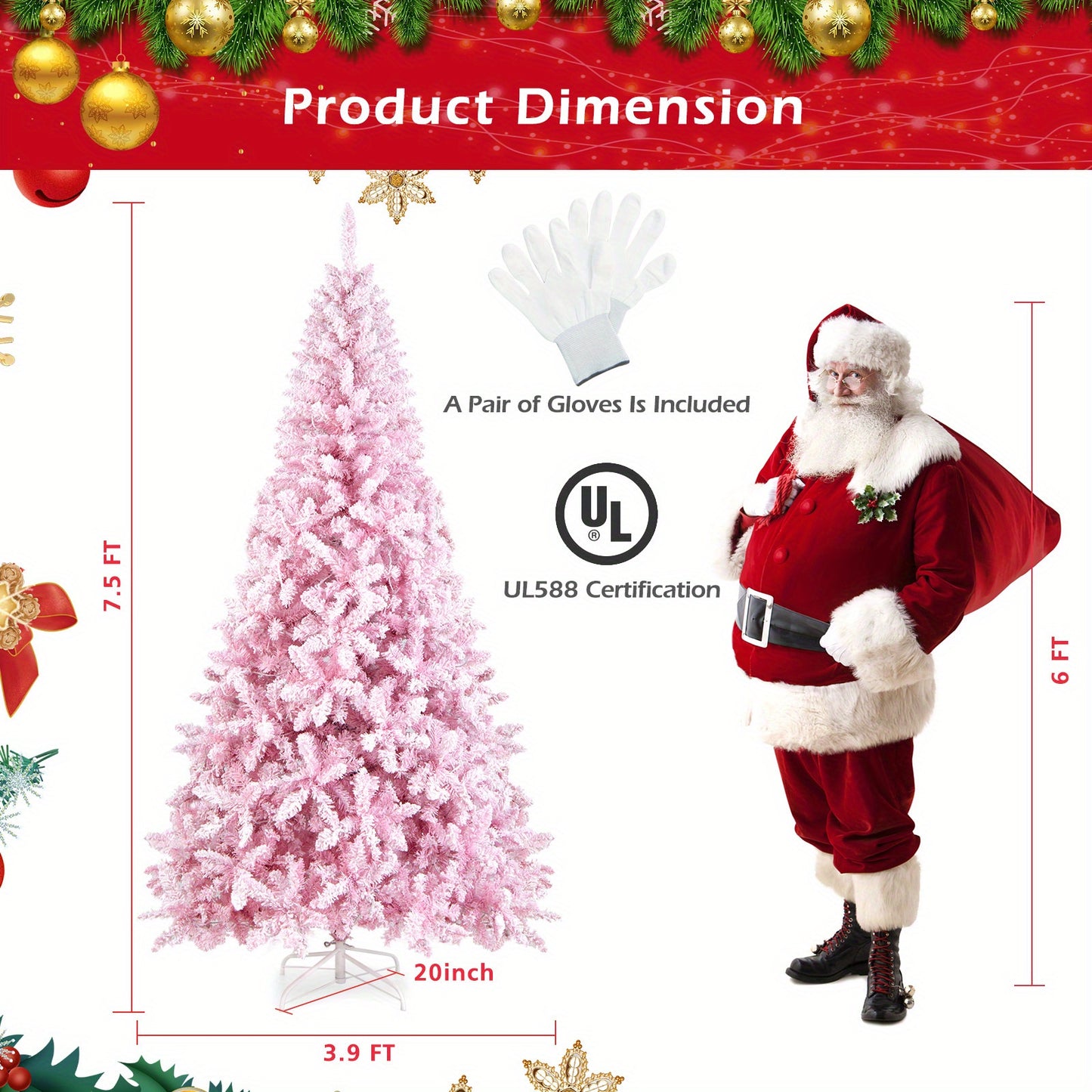 1100 Tips 7.5ft Pre-Lit Snow Flocked PETSITE Christmas Tree, Artificial Hinged Xmas Tree with 450 Pre-Strung Lights, 8 Lighting Modes, Metal Stand, Lush Tree Holiday Decor