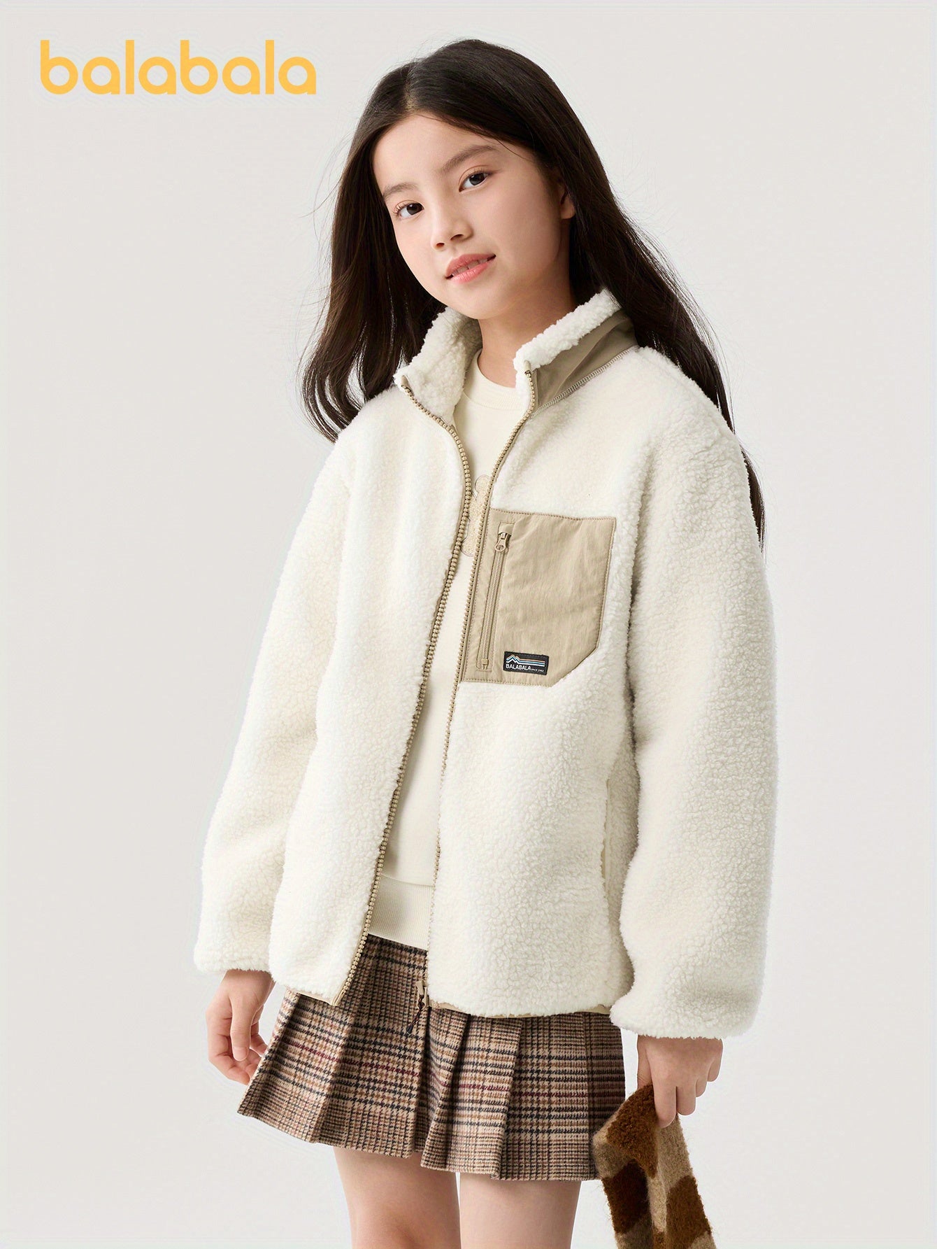 Balabala Girls' Cozy Fleece-Lined Color Block Jacket - Casual Zip-Up, Stand Collar, Machine Washable, Polyester - Perfect for Fall/Winter