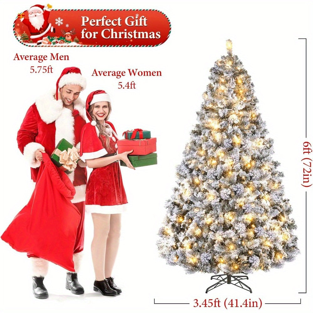 250-Light Prelit White Snow Flocked Christmas Tree – 6/7.5/9FT Artificial Pine with Foldable Metal Base