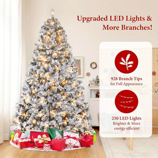 250 Lights 6/7.5/9FT Prelit White Snow Flocked Artificial Christmas Pine Tree with 928 PVC Branch Tips, Metal Hinges Foldable Base for Home, Office Party Holiday Decor, Christmas Decoration