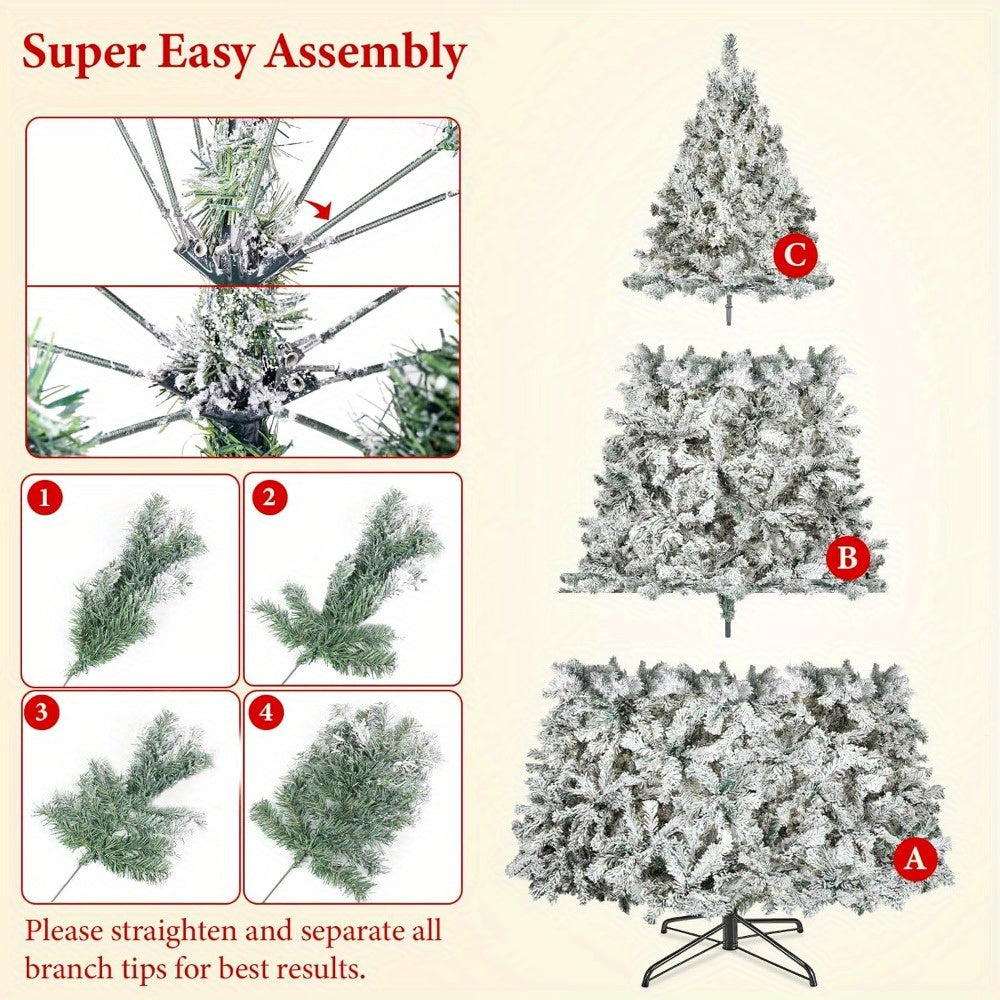 250-Light Prelit White Snow Flocked Christmas Tree – 6/7.5/9FT Artificial Pine with Foldable Metal Base