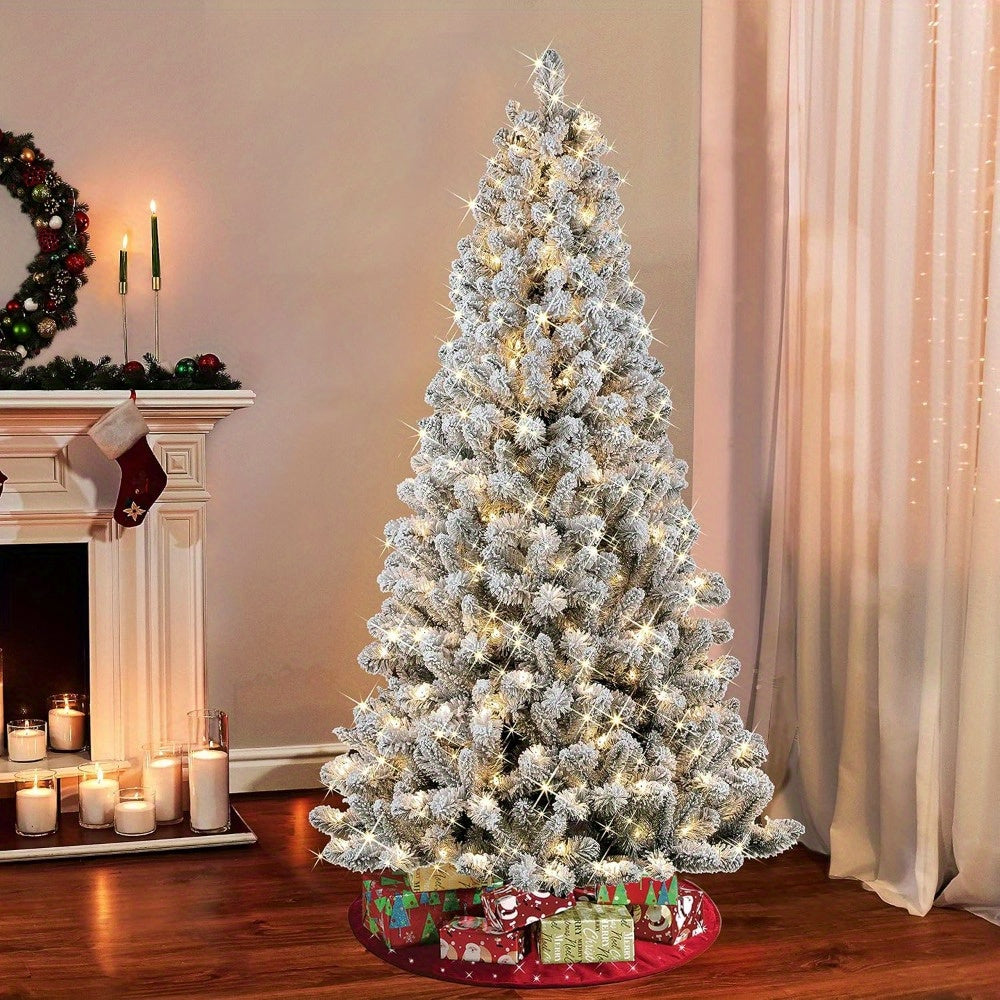 250-Light Prelit White Snow Flocked Christmas Tree – 6/7.5/9FT Artificial Pine with Foldable Metal Base