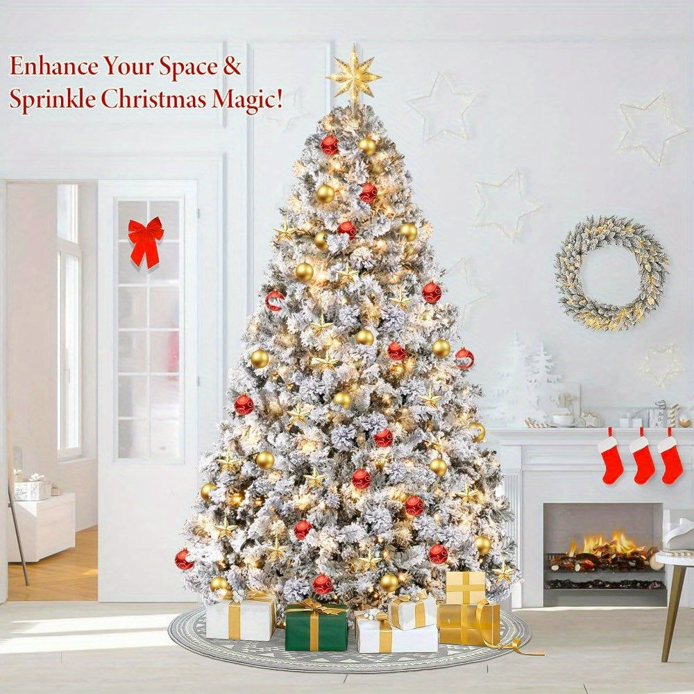 250-Light Prelit White Snow Flocked Christmas Tree – 6/7.5/9FT Artificial Pine with Foldable Metal Base