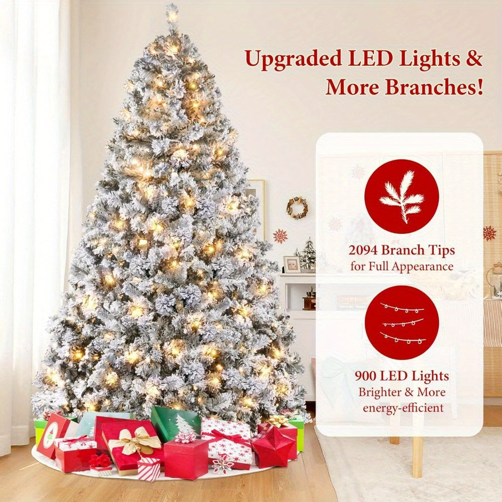 250 Lights 6/7.5/9FT Prelit White Snow Flocked Artificial Christmas Pine Tree with 928 PVC Branch Tips, Metal Hinges Foldable Base for Home, Office Party Holiday Decor, Christmas Decoration