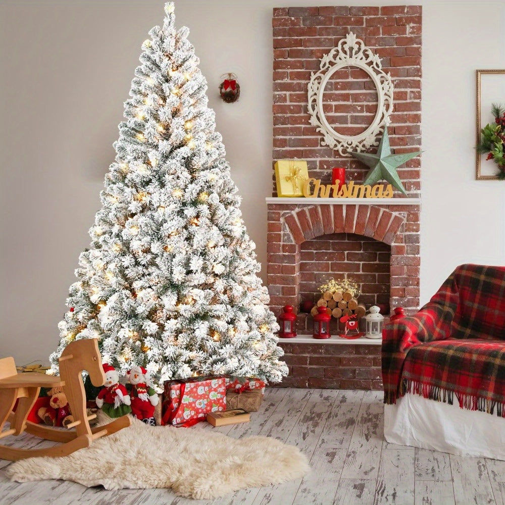 250-Light Prelit White Snow Flocked Christmas Tree – 6/7.5/9FT Artificial Pine with Foldable Metal Base