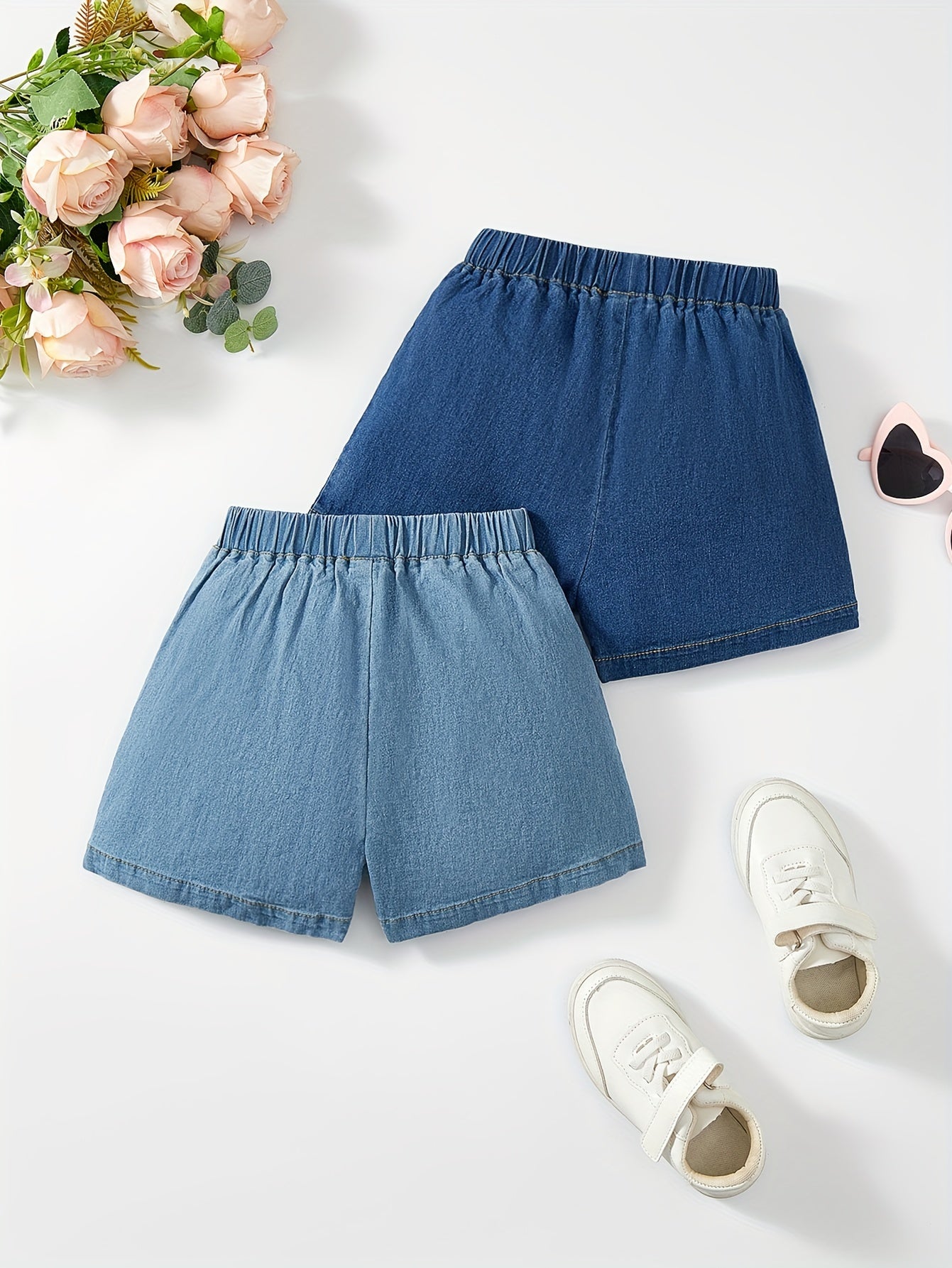 2pcs Comfy Cotton Girls A-line Denim Shorts Elastic Waist Box Pleated