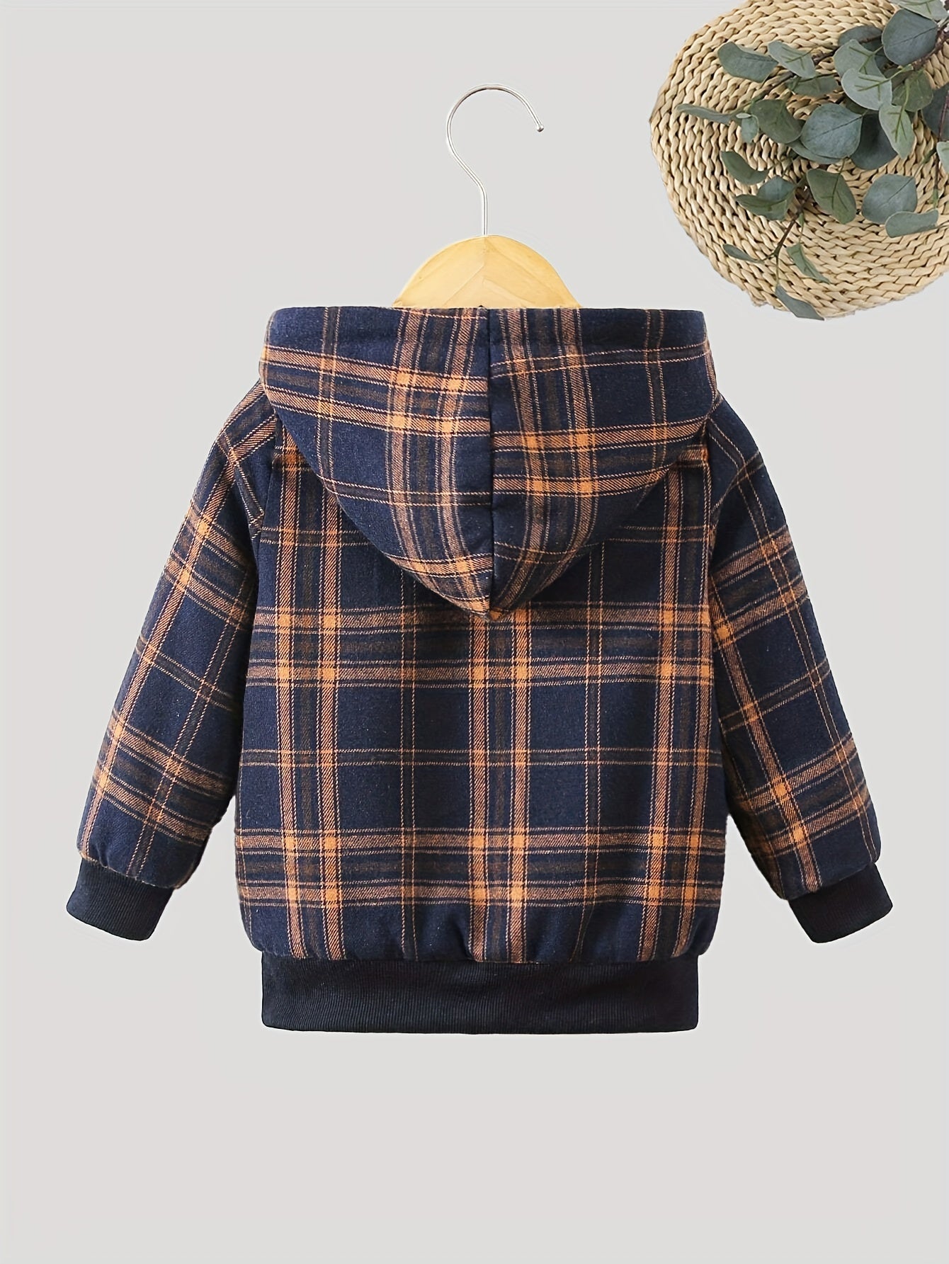 Boys Plaid Fleece Hoodie Jacket with Zipper Closure, Casual Polyester Coat with Long Sleeves, Regular Fit, Woven Fabric, Hooded Neck, Autumn/Winter