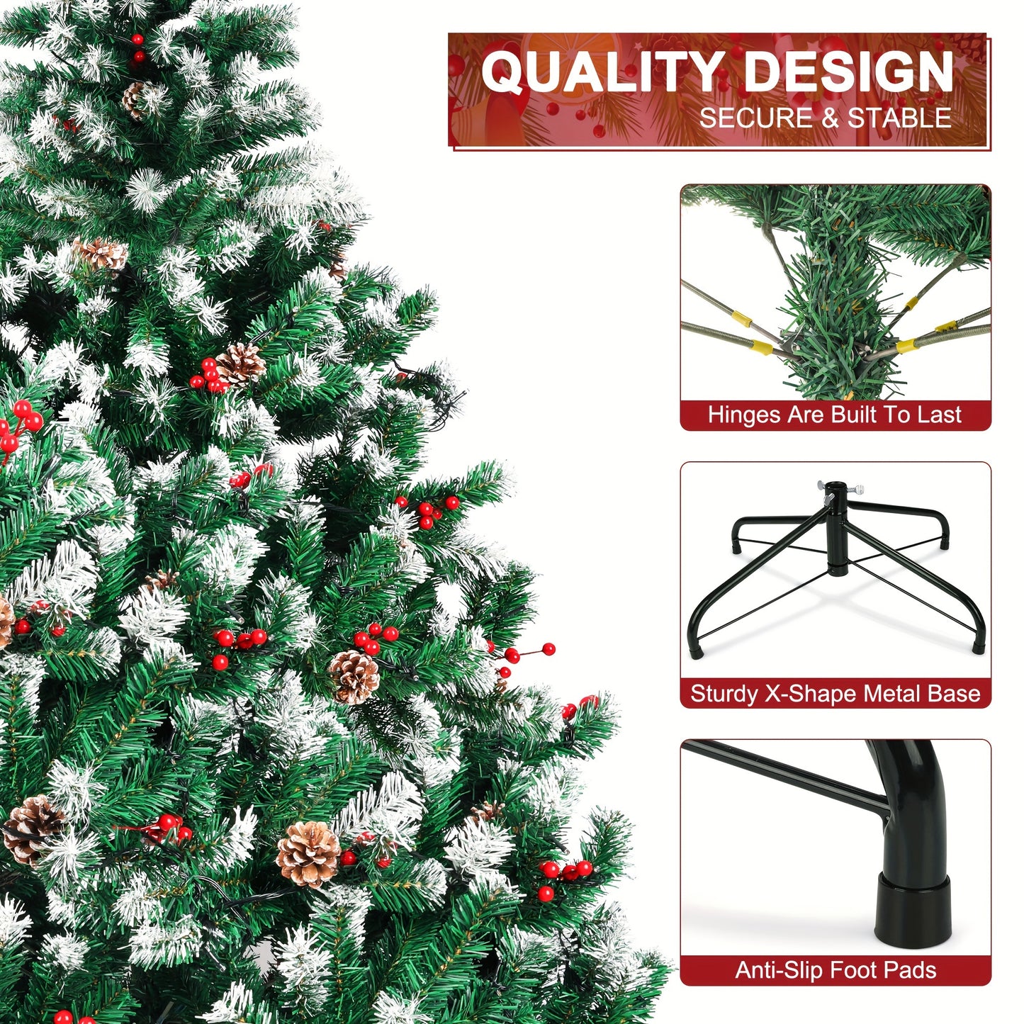 6 Ft Prelit Artificial Christmas Tree, 800 PVC Branch Tips, 250 Warm White LED Lights, Easy Assembly With Metal Stand And Hinged Branches