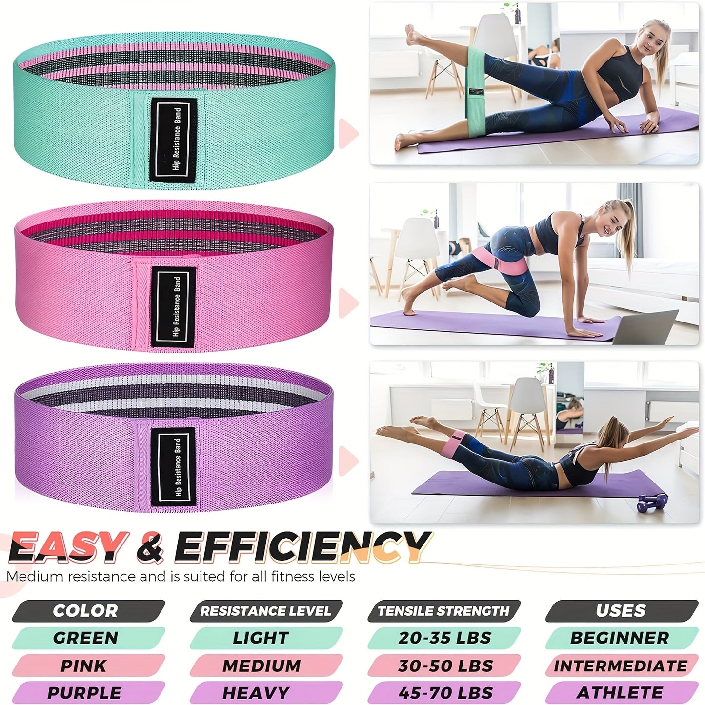 3PCS Fabric Resistance Loop Bands – Medium Set for Legs, Thighs & Glutes (Yoga, Pilates, Home Workout)