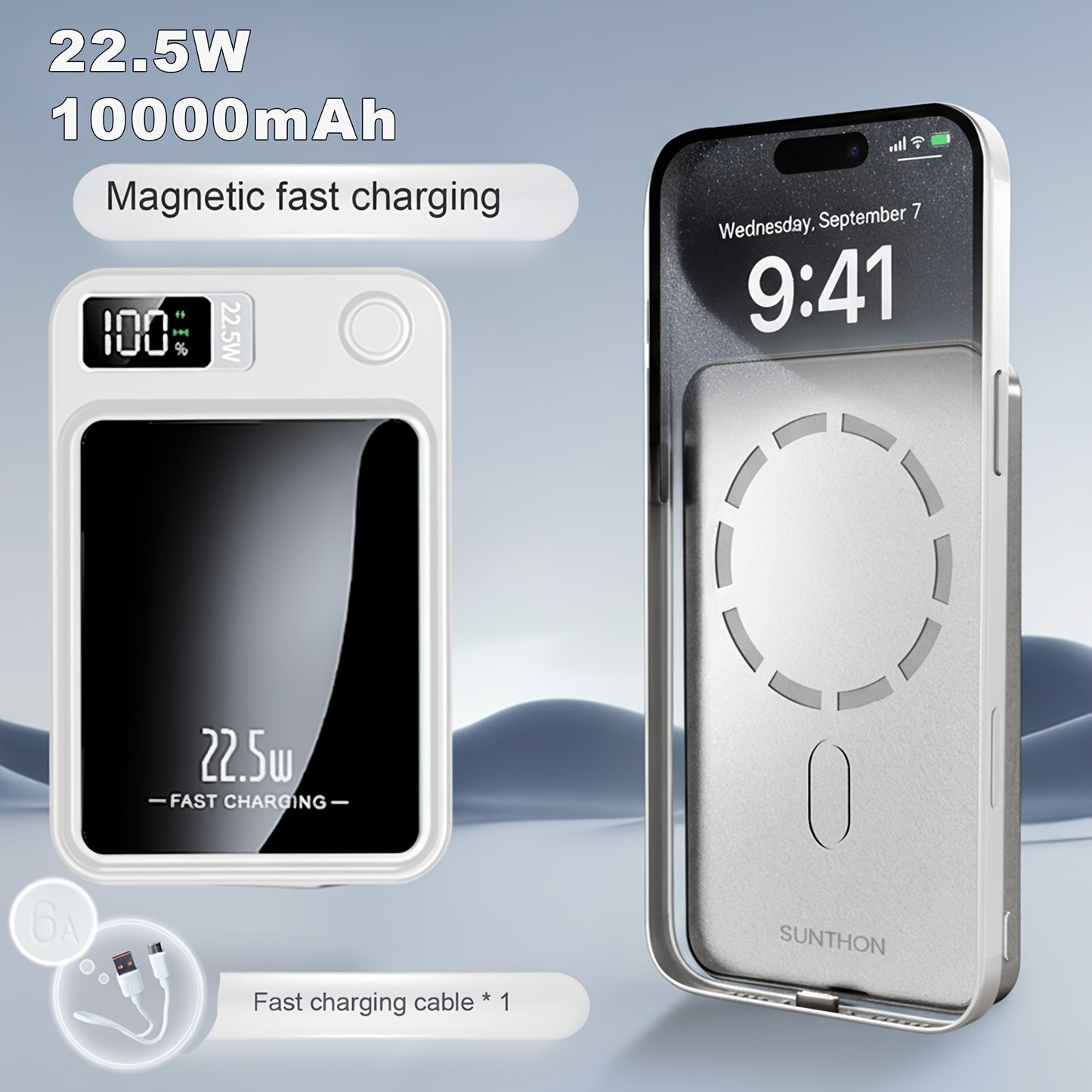 Sunthon Magnetic Wireless Charging Power Bank, 10000/5000mAh Portable Wireless Charger, 22.5W/PD20W Fast Charging Battery Pack, with LED Power Display, 2 Outputs And Dual Input External Battery Pack for iPhone 17/16/15/14/13/