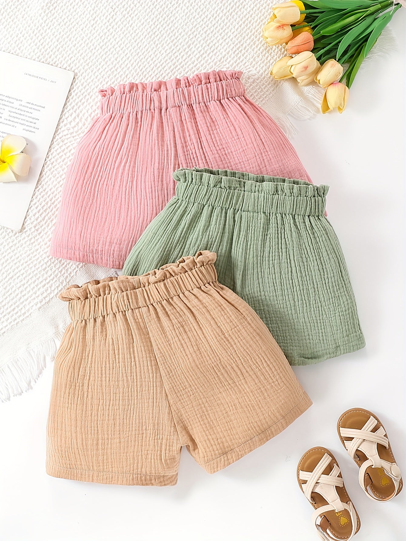 3pcs Girls’ Muslin Bow Decor Shorts – Soft, Breathable, 100% Cotton Summer Outfit