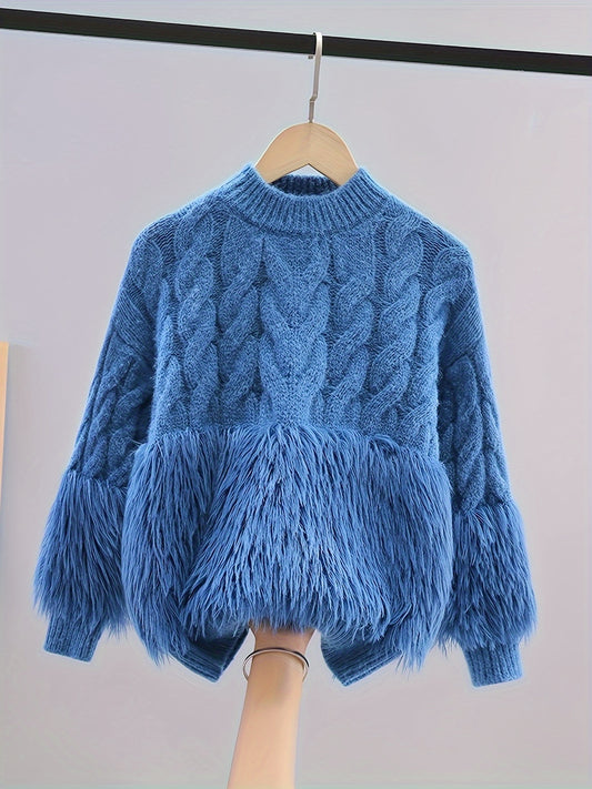 Chic Girls' Faux Mink Knit Sweater - Cozy & Stretchy, Machine Washable, Round Neck for Fall/Winter