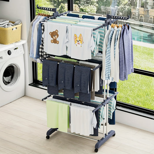 4-Tier Large Clothes Drying Rack - Foldable Frame with Smooth Rolling Casters - Holds 30+ Garments & Adjustable Shelf Heights - Sturdy Metal Laundry Organizer for Small Spaces, Bathroom, Nursery, Drying Racks